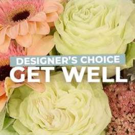 Peach gerbera daisies and pale green roses with text reading Designer's Choice Get Well.