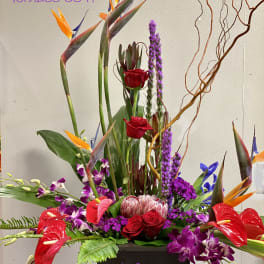 Tall tropical floral arrangement with red roses and purple orchids in a black container