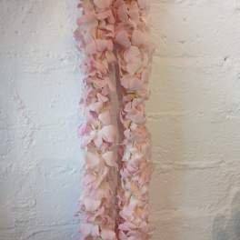 A hanging strand of pale pink flower petals against a white wall