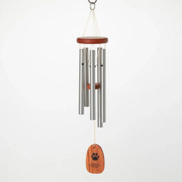 Silver wind chime with wooden accents and a paw-print tag