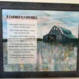 Framed memorial print with a barn painting and farewell poem
