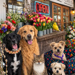 Flower shop entrance with colorful tulip buckets and five pets posing in front