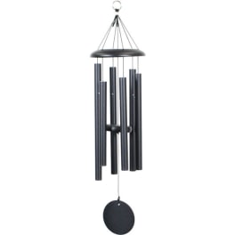 Black metal wind chime with hanging tubes and a round clapper