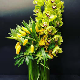 Tall floral arrangement with green orchids, yellow tulips, and a glass vase