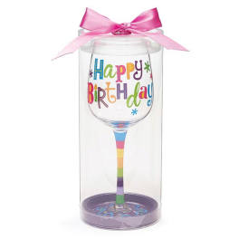 Clear wine glass with colorful Happy Birthday text and a pink bow in a gift tube