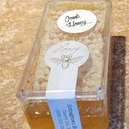 Plastic container of comb honey with labels on a countertop