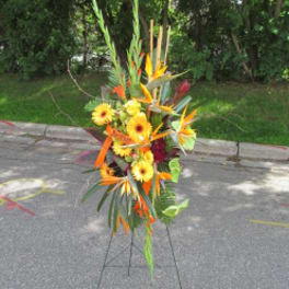Tall tropical flower arrangement with yellow daisies and orange bird-of-paradise