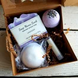 Gift box with lavender soap, bath bomb, and lip balm