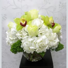 White hydrangea and green orchid bouquet in a glass vase