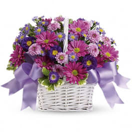 Purple and pink daisy bouquet in a white basket with lavender ribbons