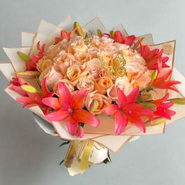 Peach Roses & Lilys Bouquet by D'Lily's Flowers