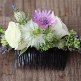 Small floral hair comb with white and purple flowers
