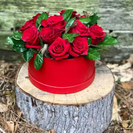 Red roses arranged in a round red box