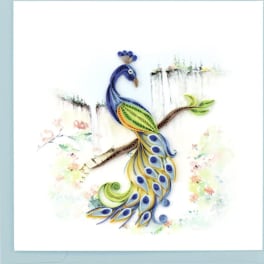 Greeting card with colorful quilled paper peacock on a branch over a soft floral watercolor background