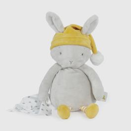 Plush bunny toy wearing a yellow hat with a polka-dot blanket