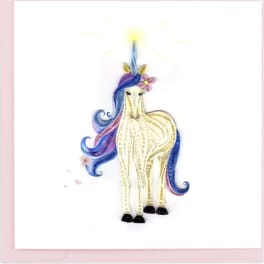 Quilled unicorn illustration on a white card with pink border