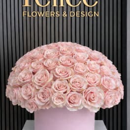 Large dome of pale pink roses in a pink box