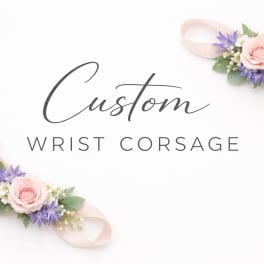 Two blush pink rose and purple flower wrist corsages with the words Custom Wrist Corsage on white background