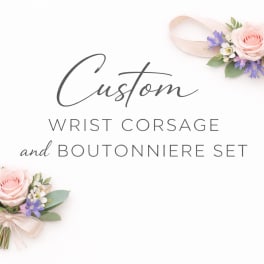 Set of pastel pink rose wrist corsage and boutonniere with white and lavender flowers on a light background