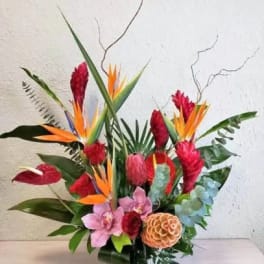 Tropical flower arrangement with red and orange blooms in a vase