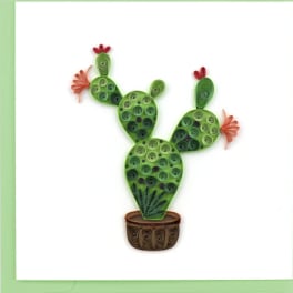 Quilled cactus artwork in a brown pot on a white background