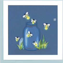 Paper quilled jar with small glowing fireflies on a blue background