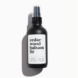 Black cedarwood balsam fir room spray bottle with white label