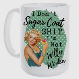 White mug with a retro pin-up graphic and bold text