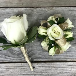 White rose boutonniere and matching wrist corsage with gold ribbon