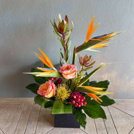 Tropical flower arrangement with orange bird of paradise and pink roses in a black vase