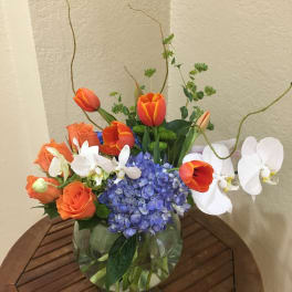 Orange tulips, roses, white orchids, and blue hydrangea in a glass vase