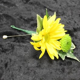 Yellow daisy and green button mum boutonniere with pearl pin on black fabric