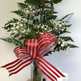 Single red rose in a glass vase with a teddy bear and ribbon bow