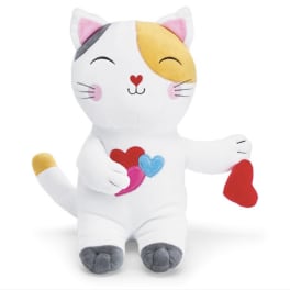 White plush cat toy with colorful heart accents and a red heart in its paw