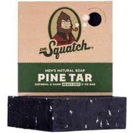 Box of Dr. Squatch Pine Tar soap with a dark soap bar