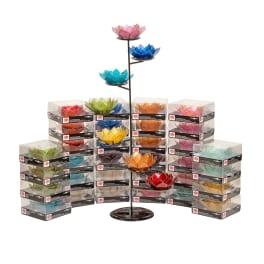 Colorful lotus-shaped candle holders on a metal display stand