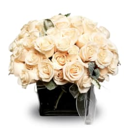 Cream rose bouquet in a black square vase with ribbon