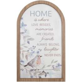 Framed wall sign with a bird and floral illustration and a home quote