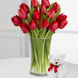 Red tulips in a clear glass vase beside a small white teddy bear with a red ribbon.
