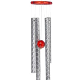 Red crystal cardinal wind chime with silver tubes and hanging red and clear beads on white background