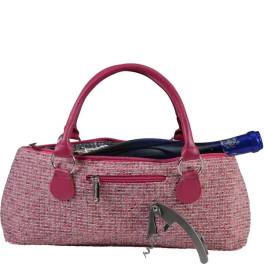 Pink woven wine tote with a bottle and corkscrew