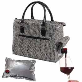 Tote bag with a wine dispenser and a glass of red wine