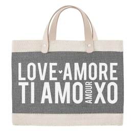 Canvas tote bag with the words LOVE AMORE TI AMO AMOUR XOXO