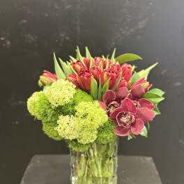 Bouquet of red tulips, green pom-pom blooms, and burgundy orchids in a glass vase