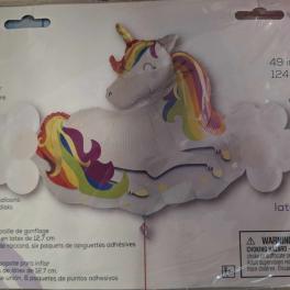 Unicorn-shaped foil balloon package with rainbow accents and cloud balloons