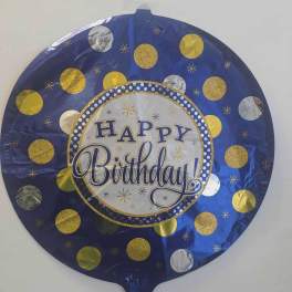 Round blue birthday balloon with gold and silver dots