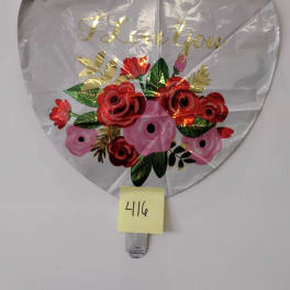 Heart-shaped silver balloon with "I Love You" text and floral print