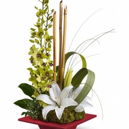 White lilies with green orchids in a red square vase