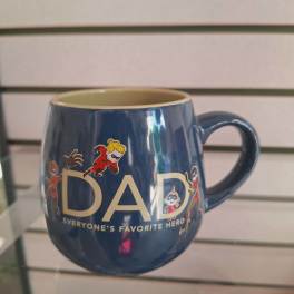 Blue mug with "DAD" text and superhero characters