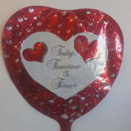 Heart-shaped red foil balloon with the words "Today, Tomorrow & Forever"